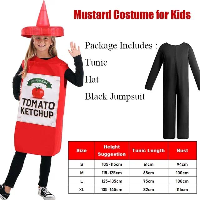 Unisex Kids Mustard Ketchup Costume Set - 2025 Food Cosplay Outfits for Girls & Boys Great for Halloween Fancy Dress Up Events