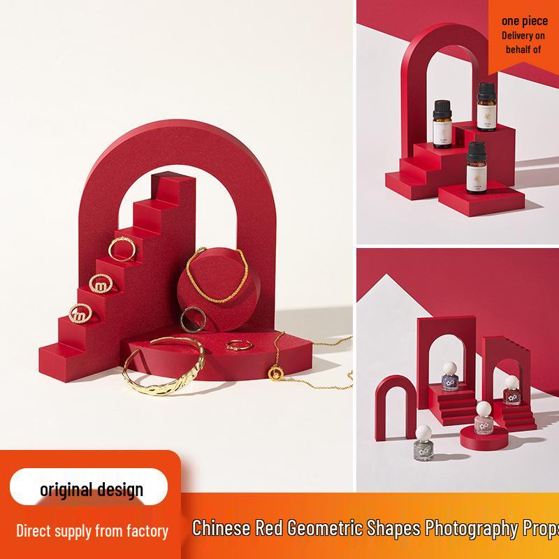 Chinese Red Geometric Photography Props: New Year Theme Still Life Display Stand