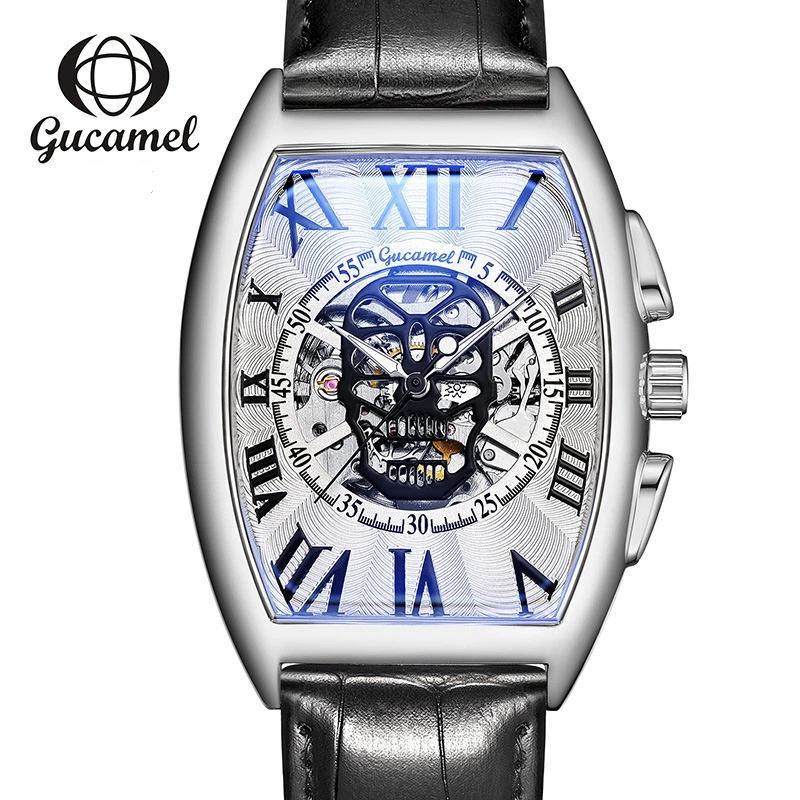 Top brand new wine barrel European and American men's fashion skull hollow automatic mechanical watch men's watch