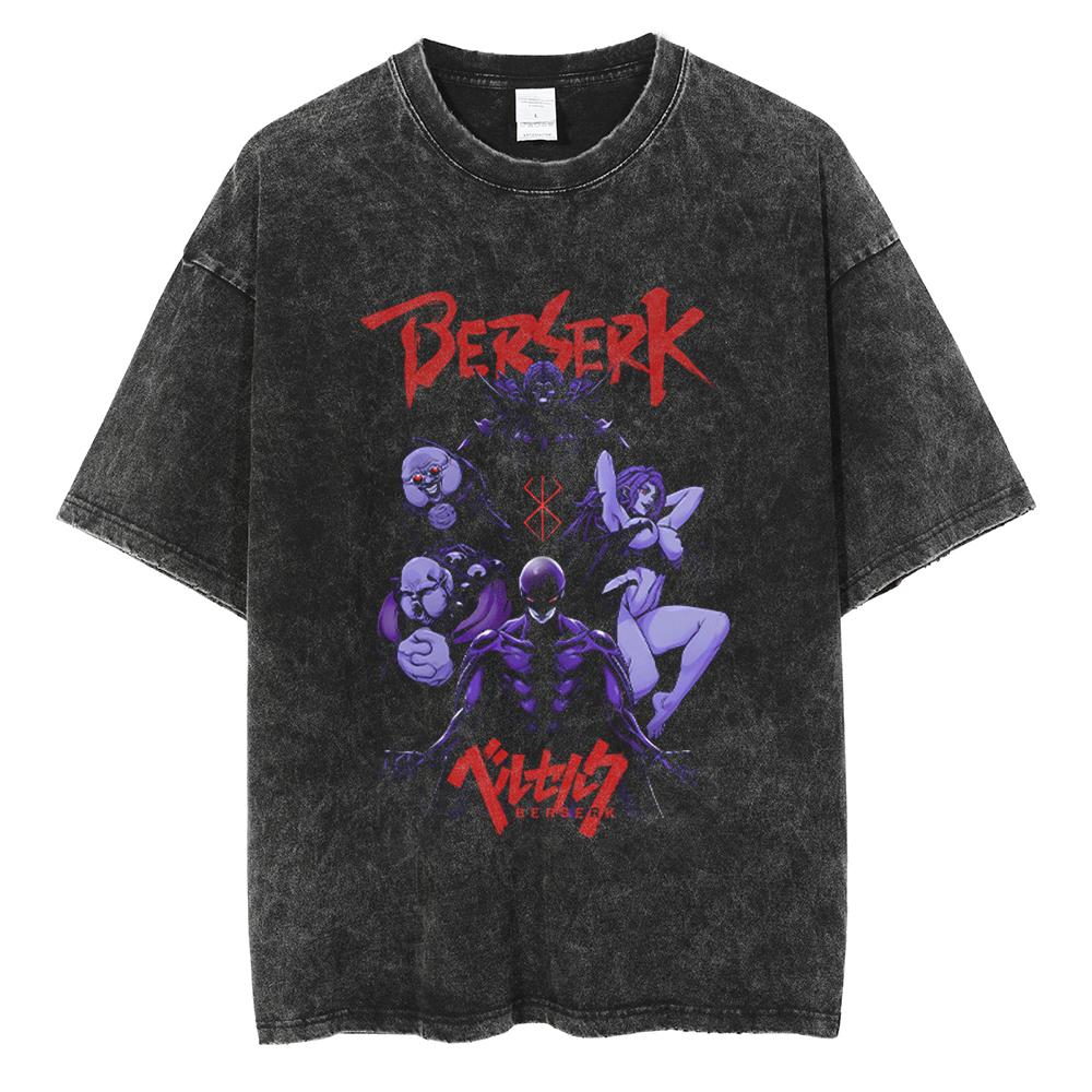 Vintage Washed Berserk TShirt for Men Women Retro Anime Skull Graphic Tees Oversized Streetwear Cotton Short Sleeve T Shirts