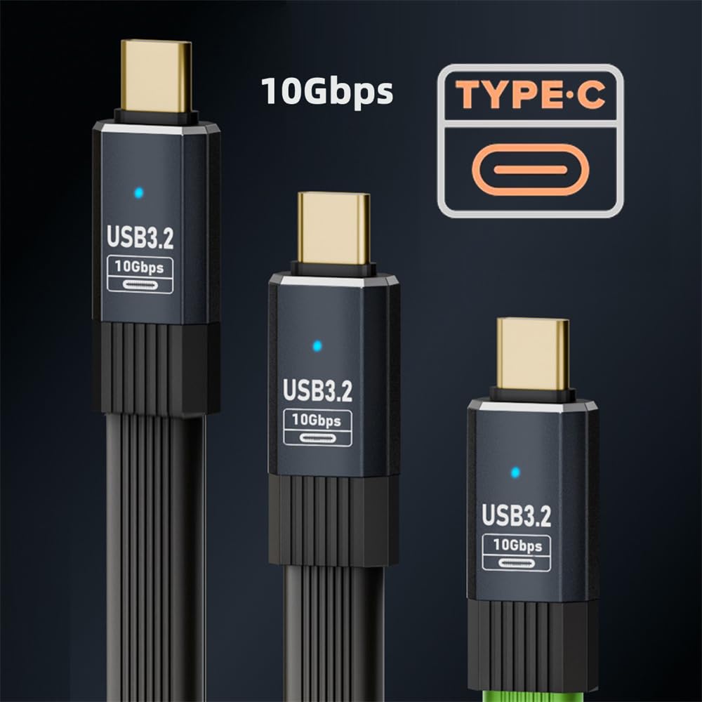 NFHK Cable Male To Male 10Gbps Flat Slim FPC Data Power Cable 5V3A for and Disks USB3.1 Type-A Type-C USB-C Laptops, Phones, (100cm)
