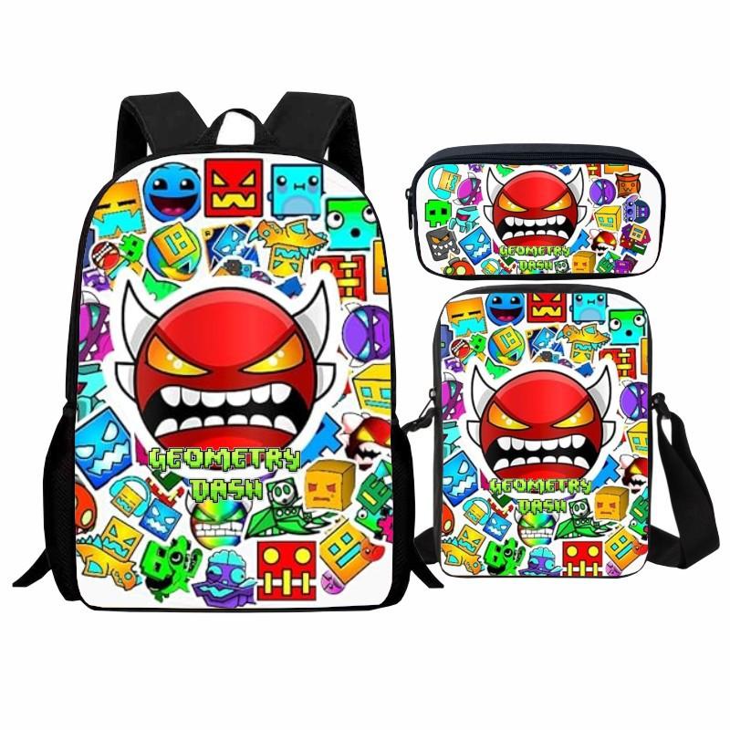 Geometry Dash Student Backpack 3-Piece Set, Geometry Dash Backpack, Shoulder Bag, Pen Bag
