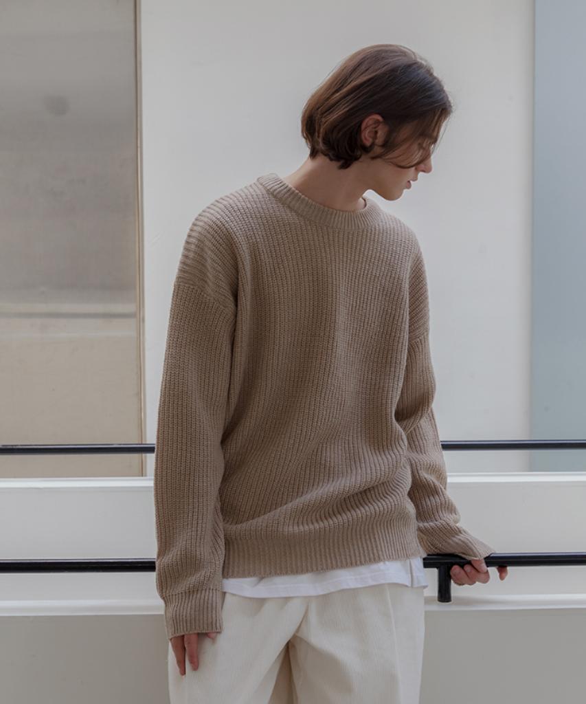 AGOD Crew Neck Ribbed Oversized Hazzi Knit [Beige]