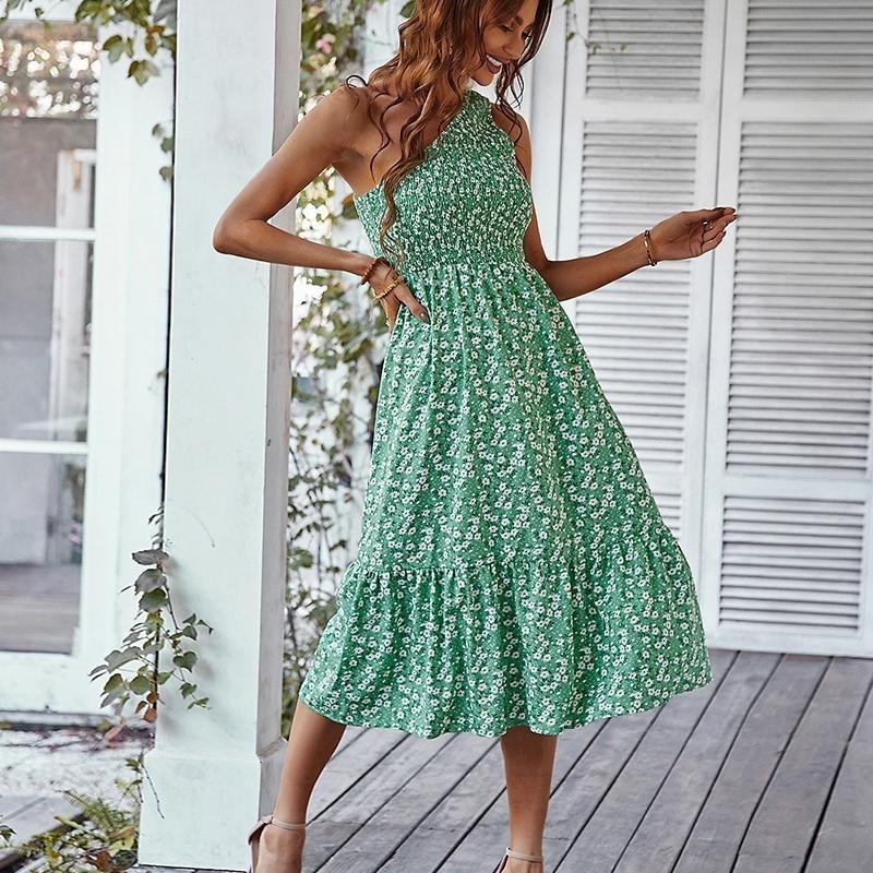 Jaro Léto Květinový potisk Šikmá ohlávka přes ramena Dlouhé šaty Dámské Běžné A-Line Asymetrické Bez rukávů Šikmá ramena Vysoký Pas S-XL