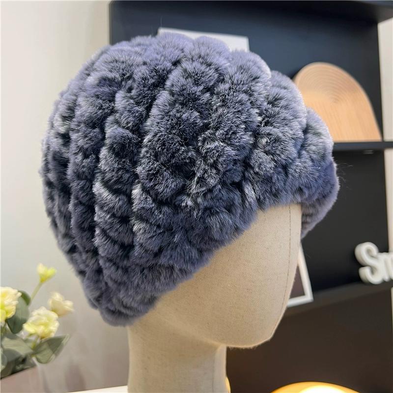 Căciulă din Blană de Iepure Rex Reală, Tricotată din Lână Caldă și Rezistentă la Frig, Versatilă pentru Toamnă și Iarnă pentru Femei