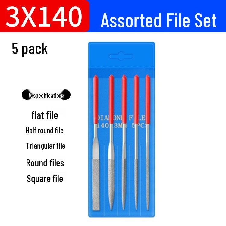 5-Piece Electroplated Diamond File Set for Metal, Wood, Stone, Relic Polishing, Deburring, Chamfering - 140x3mm