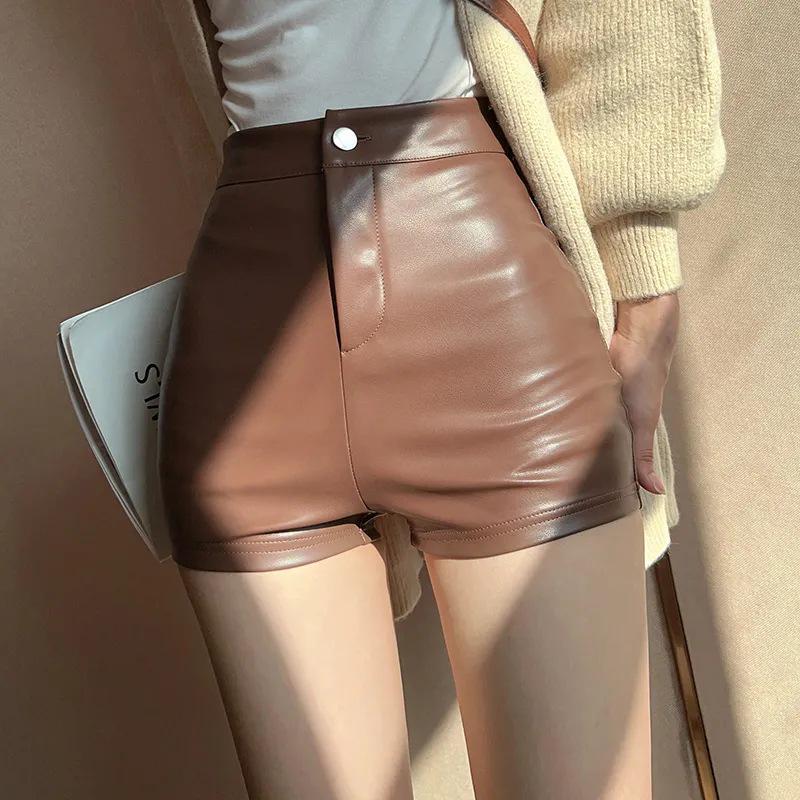 Women's High-Waist Slim PU Leather A-Line Shorts - 2023 Autumn/Winter Fashionable Wide-Leg Boot Pants