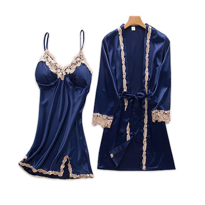 Women's Silk Five-Piece Pajama Set: Spring/Autumn Nightdress & Robe with Chest Pad