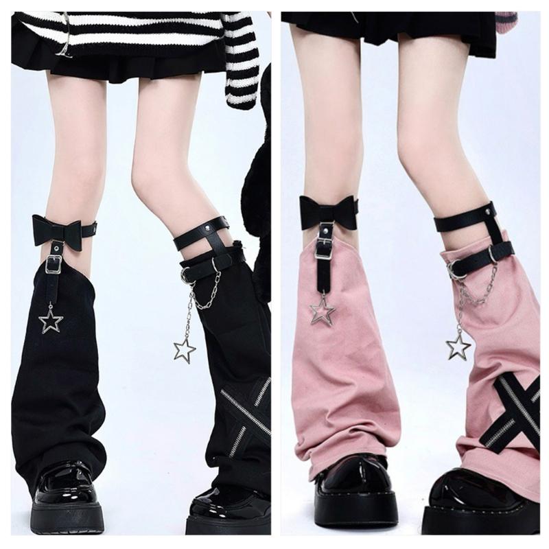 Aesthetic Vintage Crosses Stitched Leg Warmer for Women Harajuku Streetwear Punk Leather Buckle Garters Leg Sleeve Cover