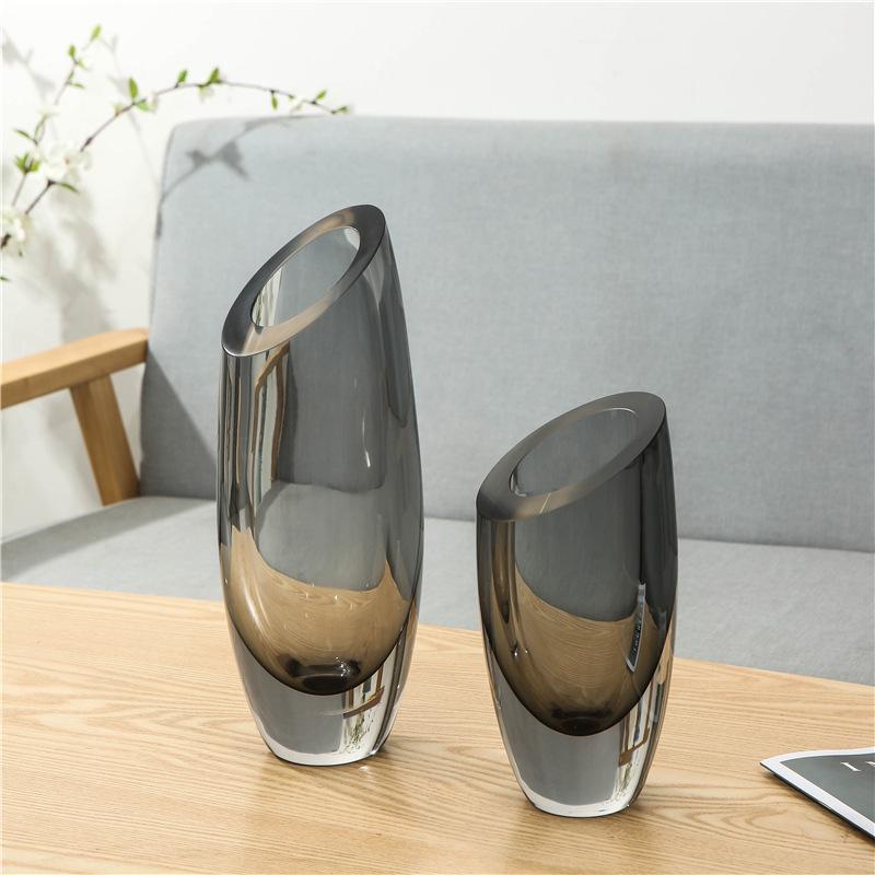 Gray Glass Vase Transparent Geometric Slanted Mouth Floral Vase Arranging Flowers Hydroponics Terrarium Flowerpot Vases Pots