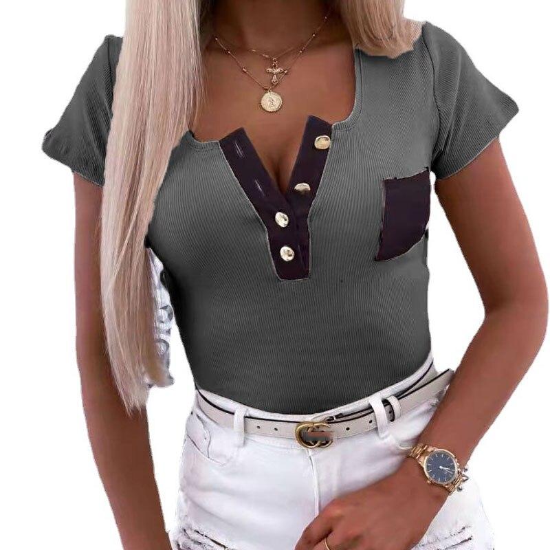 2023 Lente Zomer Knopen T-shirt Dames V-hals Slim Tee Korte mouw Mode Dames Kantoor Tops Effen Casual T-shirt Top 25075
