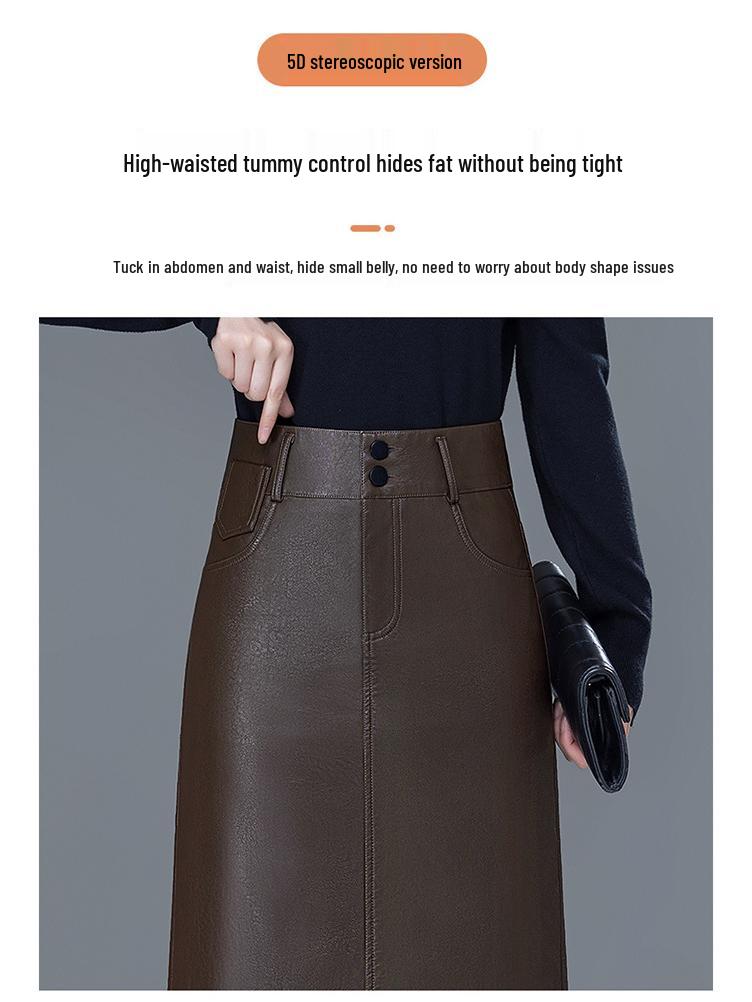 Dámská kožená midi sukně s vysokým pasem, přiléhavá k tělu - Zeštíhlující design z ovčí kůže s rozparkem.