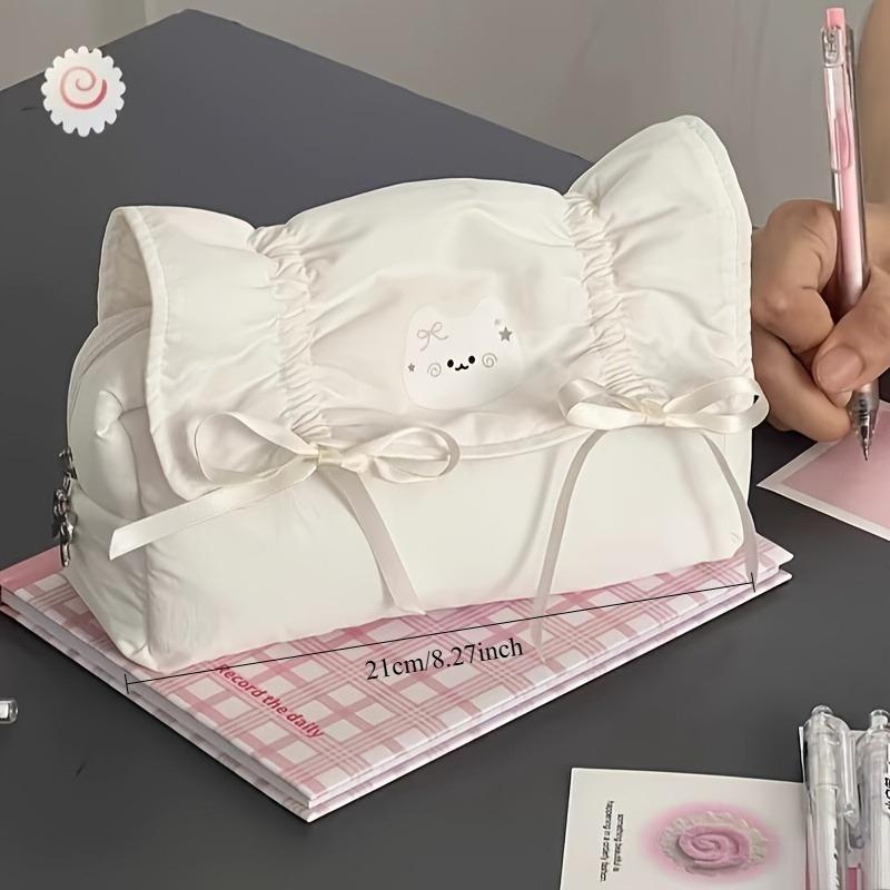 Large Capacity Cat Bow Pencil Case-stylish White Stationery Storage Box Spacious Compartment Design Durable and Easy To Clean