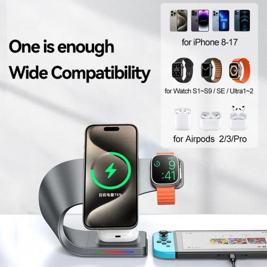 Wireless Charger Stand Metal Shell Magnetic 15W Fast Charging Station Stand for iPhone 12-17 Mobile Phones Airpods Watch 4 in 1