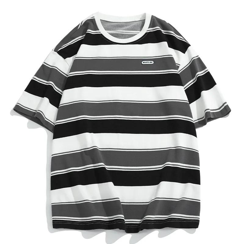 New Loose Contrast Color Short Sleeve Main Striped T-shirts Couples  For Men And Women In The Summer Of 2026