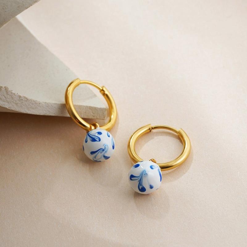 User Friendly Ceramic Ear Clip Blue Floral Pattern Dangle Earring Sturdy Copper Material Office And Casual Accessory