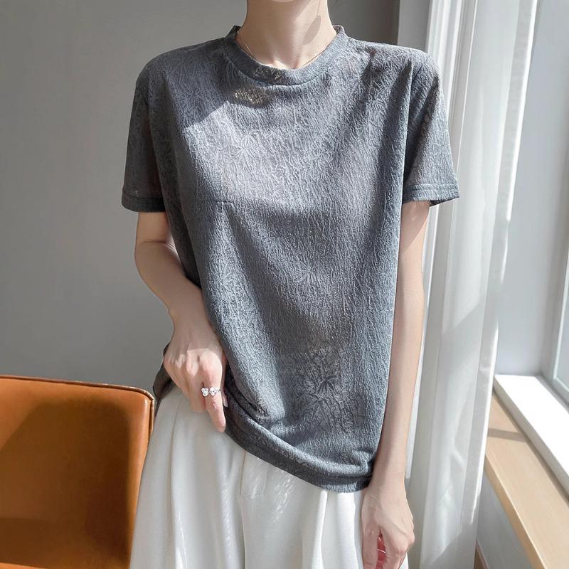 Új nyári stílus Jacquard Tencel kötött rövid ujjú női kerek nyakú kötött póló