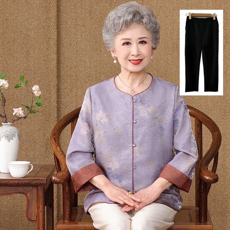 Grandma's New Style Jacket: Elegant Chinese National Design, Suitable for Middle-Aged and Elderly Women - Round Neck, Loose Fit, Elegant Temperament.