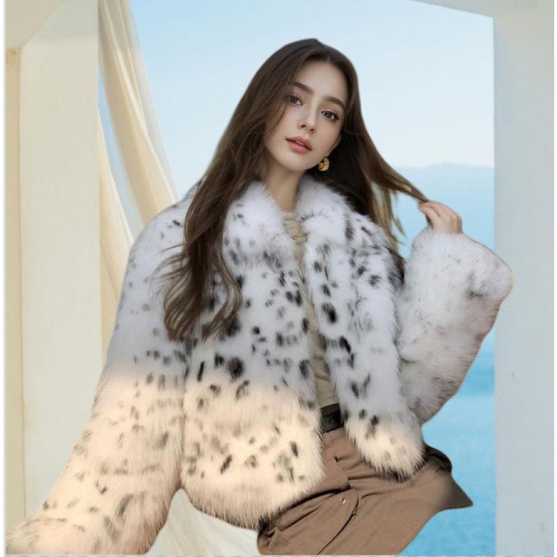 

Куртка из искусственного лисьего меха, черно-белая пятнистая леопардовая, с лацканом, свободная, женская, легкая XL (125-75 kg) цветной печати леопарда
