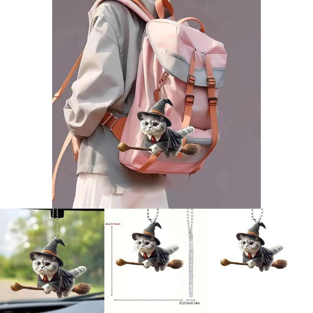 Acrylic Flat Surface Car Pendant With Magical Cat Riding Broom Design For Vehicle Interior Decor