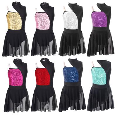 Kids Girls Ballet Gymnastics Leotard Dress Sleeveless Shiny Sequins Off Shoulder Lyrical Dance Dress for Stage Dance Costumes