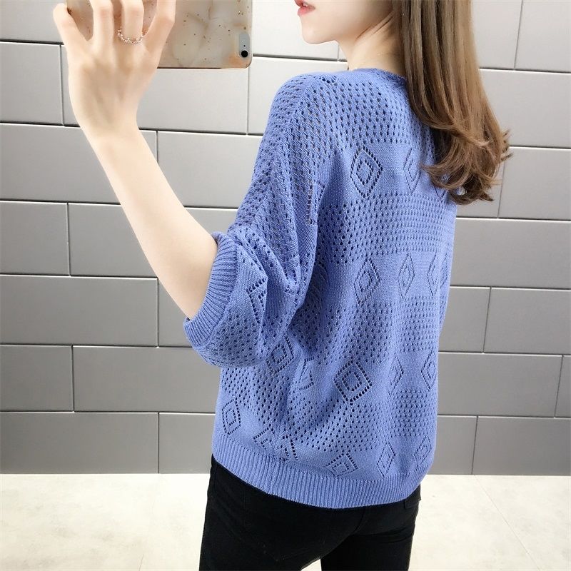 Women's V-neck Hollow Knitted Sweater Loose Bat Sleeve Ladies Top Short Thin Knit Pullovers for Women