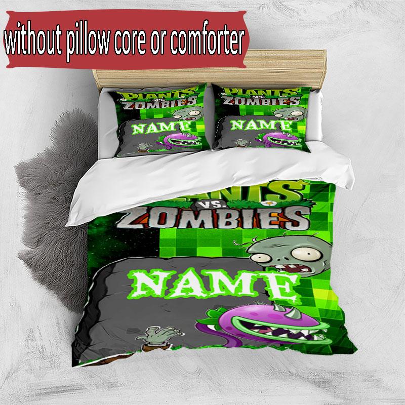 3pcs Duvet Cover Set (1*Duvet Cover + 2*Pillowcase, Without Core), Custom Name Plants Vs. Zombies Pattern Bedding Set, Home Bedroom Decor Gift
