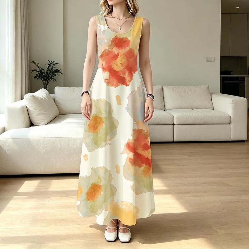 Women's Sleeveless Maxi Dress,Fresh Watercolor Style,Lightweight Flowy Skirt,Casual Daily Outdoor Walking,Fashion Versatile