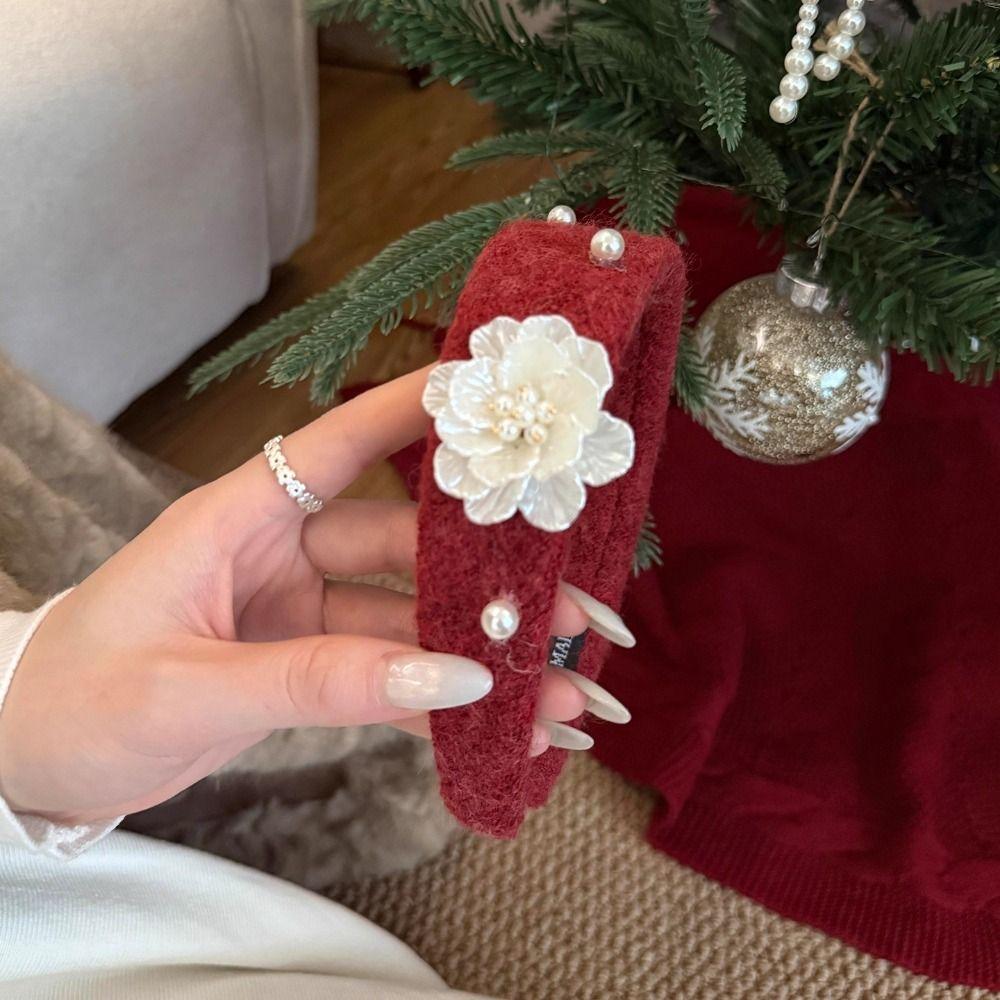 Sweet Floral Pearl Hair Hoop Korean Style Wide Edge Hairband Flocking Flower Headband  Lady
