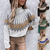 Womens Winter Loose Fit High Neck Long Sleeve Knit Sweater With Print Casual Elegant Style