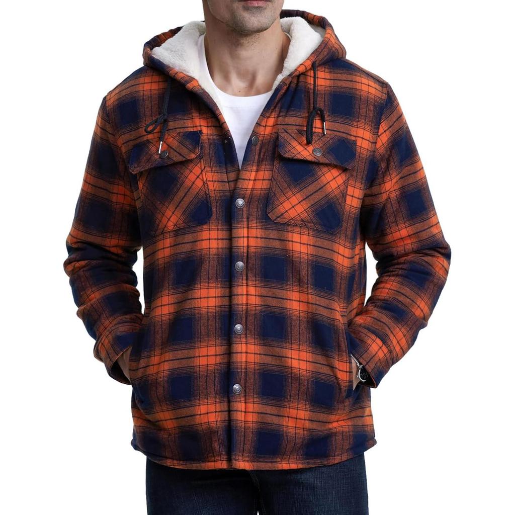 Men's Quilted Lined Button Down Plaid Shirt Add Velvet To Keep Warm Jacket With Hood
