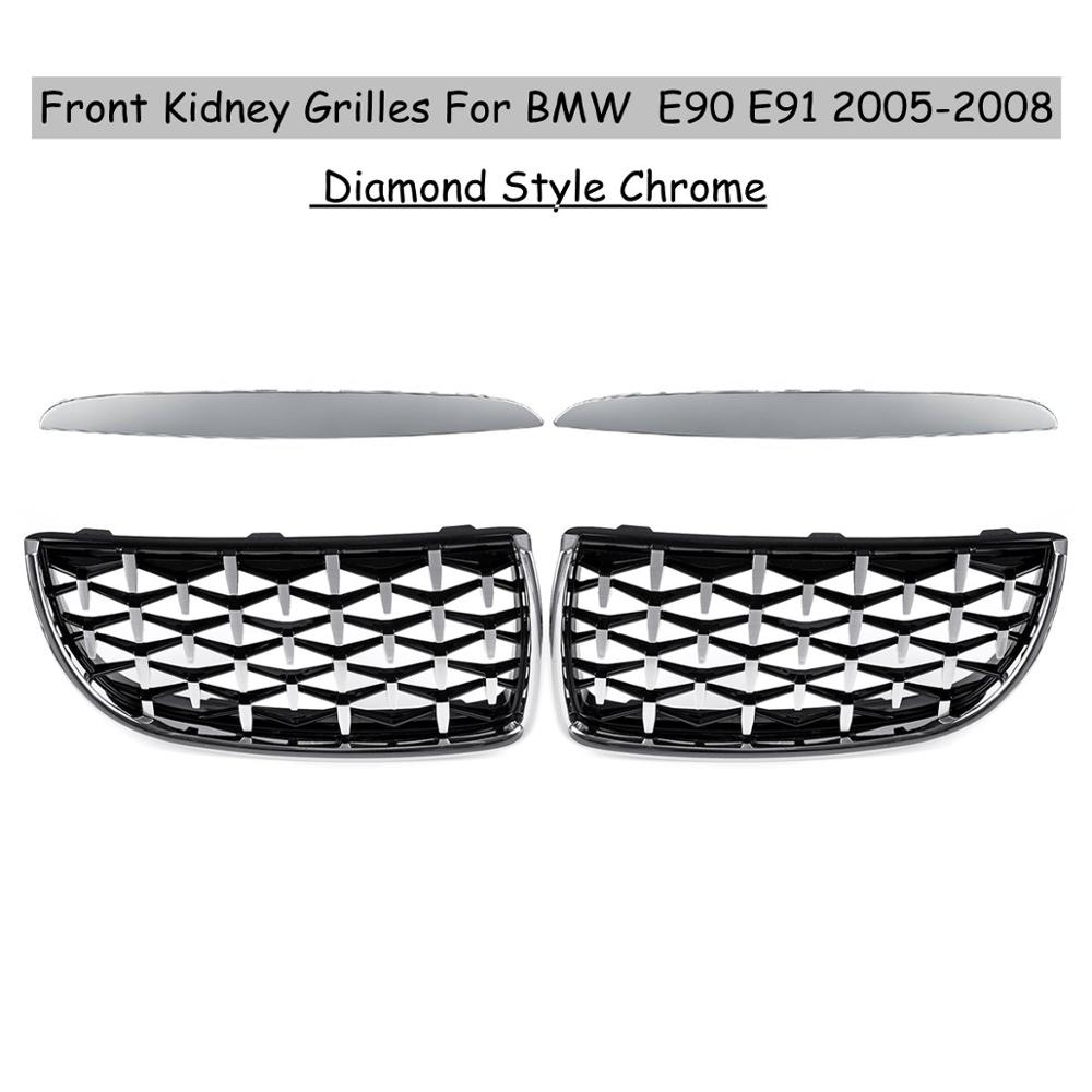 For BMW E90 E91 4 Door 2005 2006 2007 2008 #GCP-039011 Pair Front Gloss Black Double Slat Sport Kidney Grille Grill Set