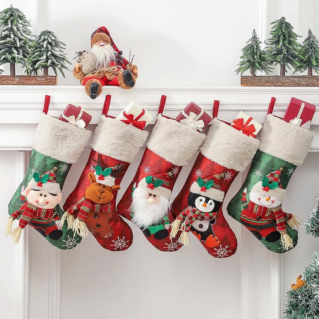 3D Design Christmas Stocking 18In Xmas Gift Candy Bag Embroidered Xmas Stocking for Family Holiday Christmas Party Decor