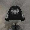 T-shirt Nera Gotica a Maniche Lunghe da Uomo, Pullover Casual Leggero, Stampa Teschio e Spine, Stile Punk Trendy