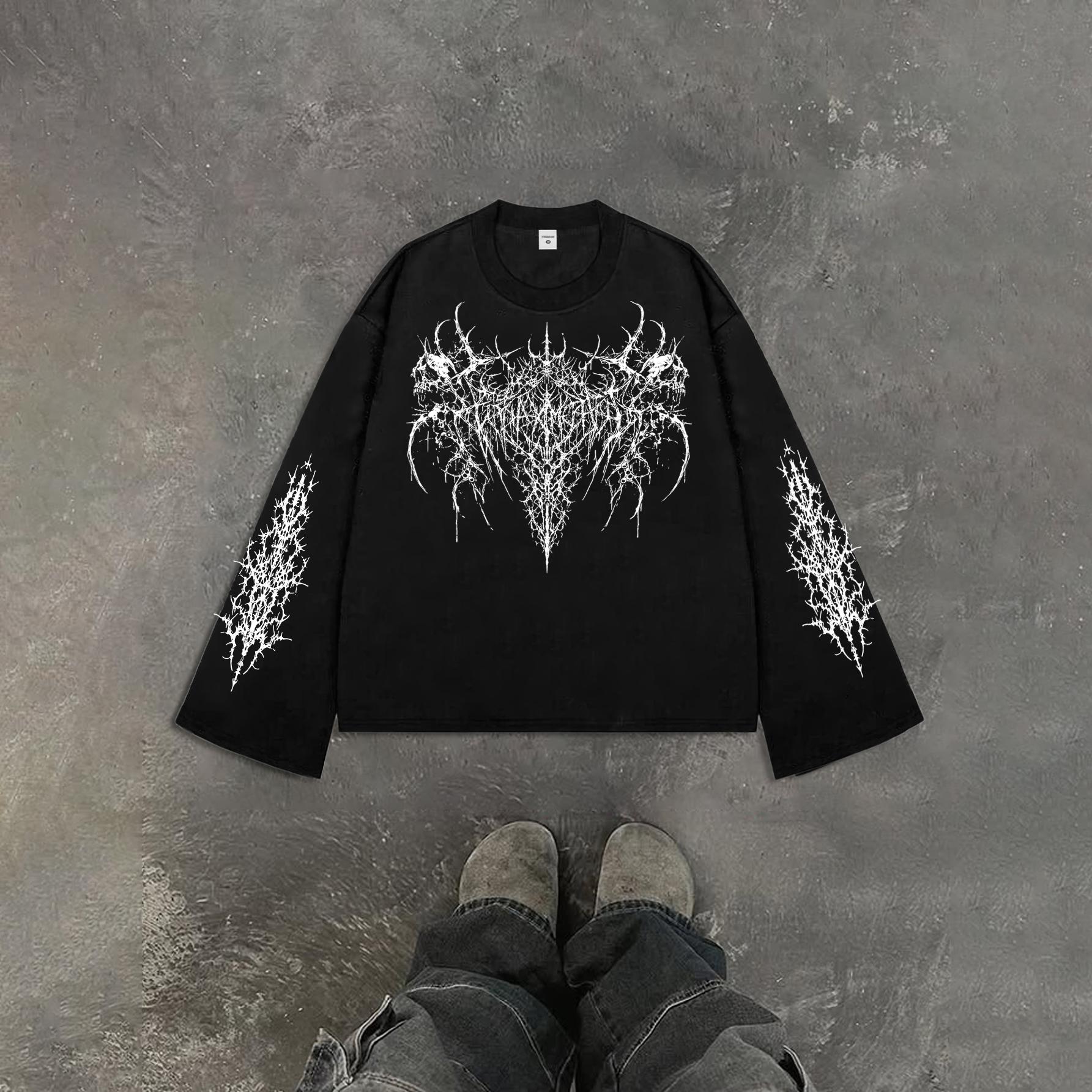 

Men s Black Gothic Long-Sleeve T-Shirt, Casual Lightweight Pullover, Skull and Thorns Print, Trendy Punk Style XXL чорний
