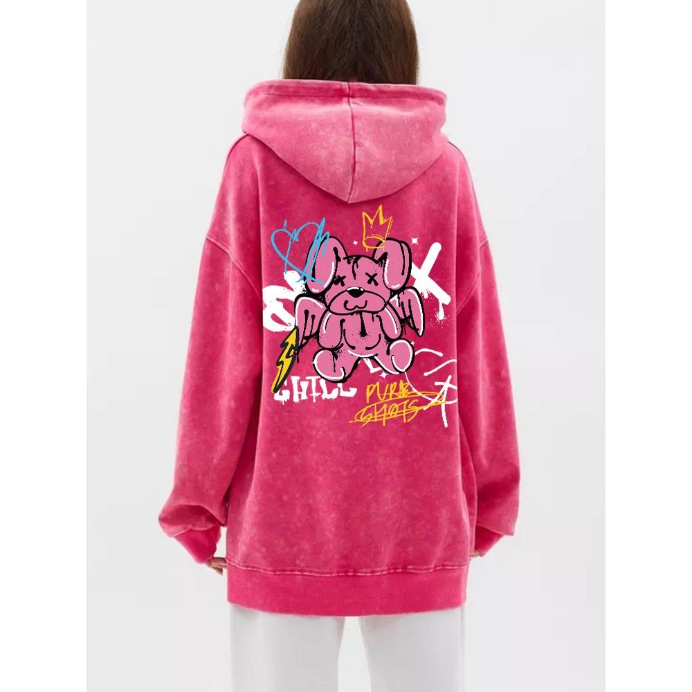 Vintage Womans Washed Hoodies Cute Rabbit Angel Graffiti Prints Pullovers Pocket Oversize Cotton Hooded Fashion Clothes