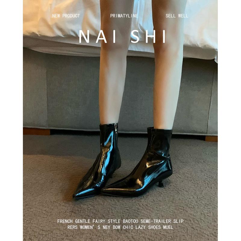 Sheepskin version! French pointed toe bare boots temperament kitten and black short boots women's side zipper elastic thin boots thin heel