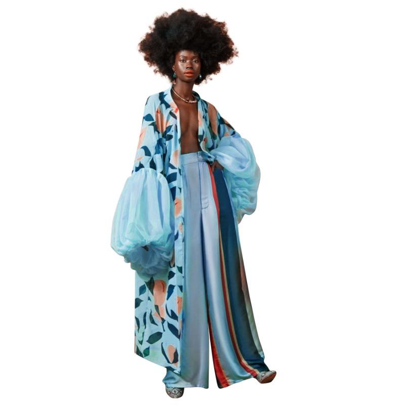Dámské Maxi Kimono s vlnovým potiskem, otevřené vpředu, s nabíranými rukávy, dlouhý kardigan, ležérní Boho, plážové přehození