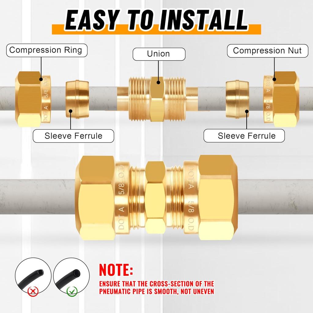 53 PCS DOT Brass Compression Air Brake Nylon Tubing Fittings,Straight Union Fitting Assortment Kit 1/4" 1/8" 3/8" 1/2" 5/8" for Truck or Industrial