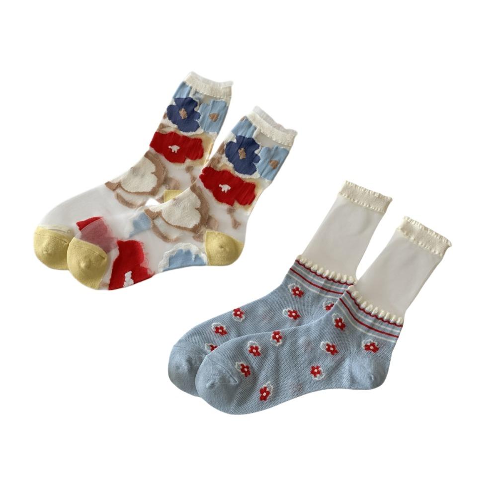 

2/3Pairs Sweet Transparent Flower Socks Lolita Mid Calf Socks Women Crystal Silk Socks Summer 2Pairs A