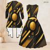 Women Plus Size Two Piece Set Black Gold Geometric Printed Sleeveless Round Neck Tie Waist Flared Dress Three Quarter Sleeve Open Front Cardigan