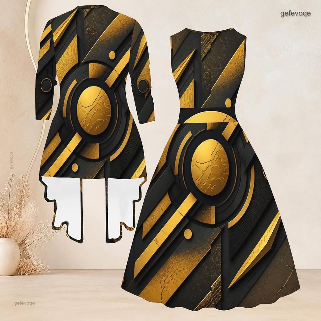 Women Plus Size Two Piece Set Black Gold Geometric Printed Sleeveless Round Neck Tie Waist Flared Dress Three Quarter Sleeve Open Front Cardigan