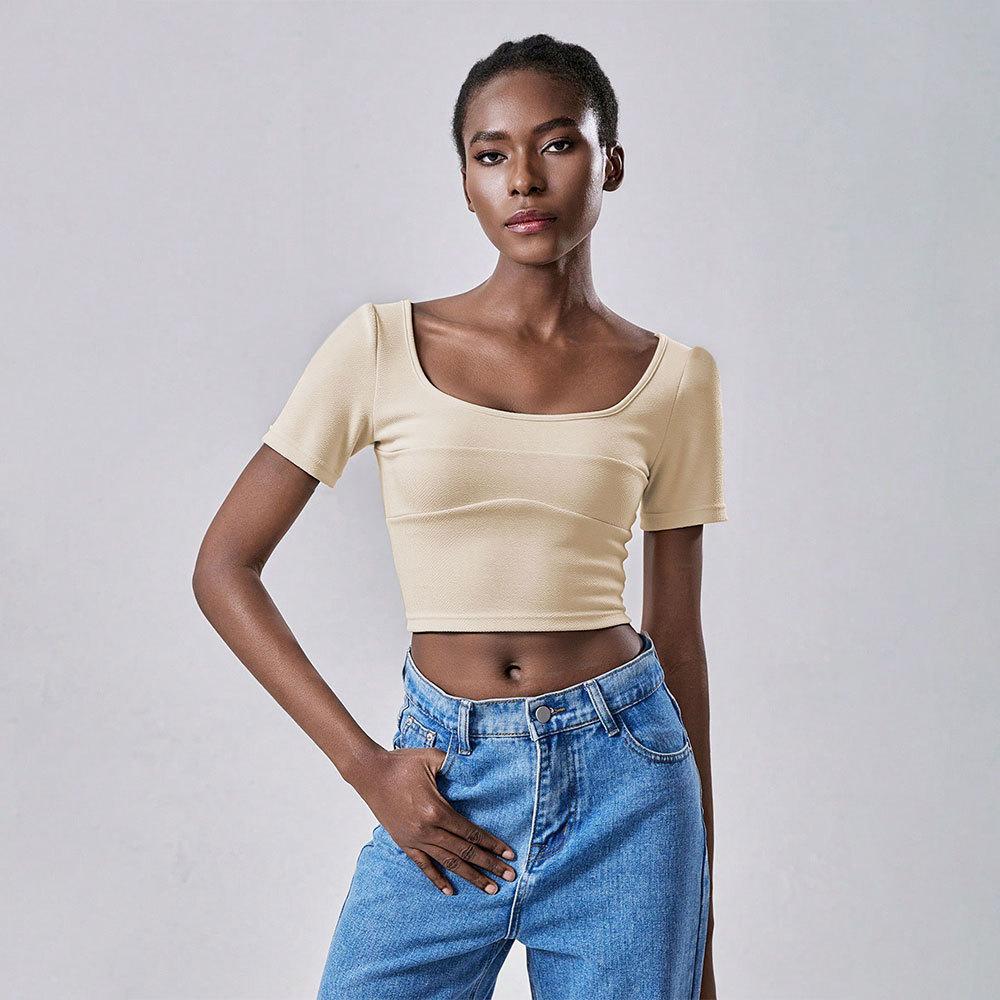 2026 Summer New Fashion Simple Casual T-shirt Short Navel Design Short-sleeved Top S абрикосовый