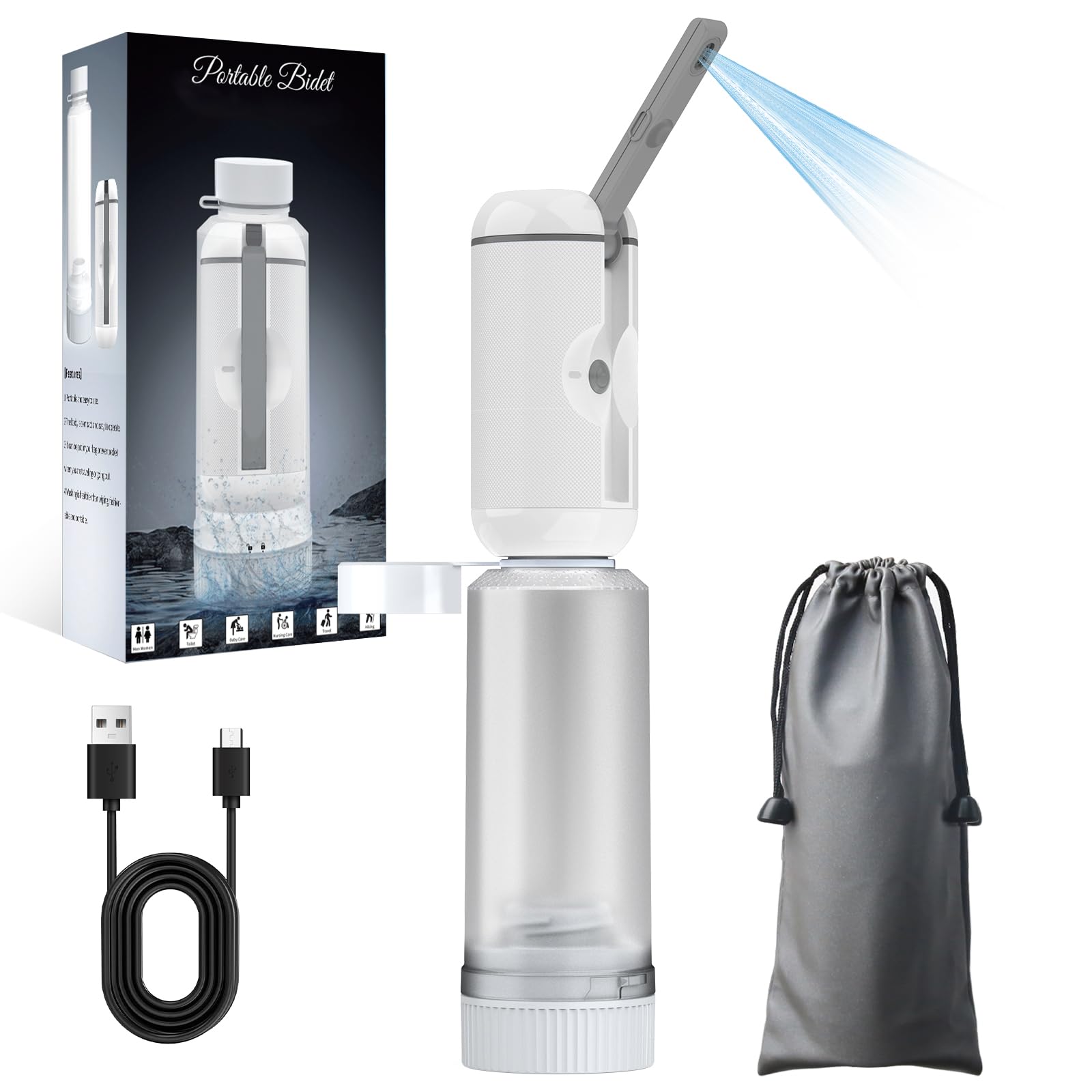 

Portable Bidet, Rechargeable, with 2 Water Pressure Modes, Travel Gear (Includes 1 USB Cable, Water Bottle and Nozzle, and Carrying Bag), Type-C, Show