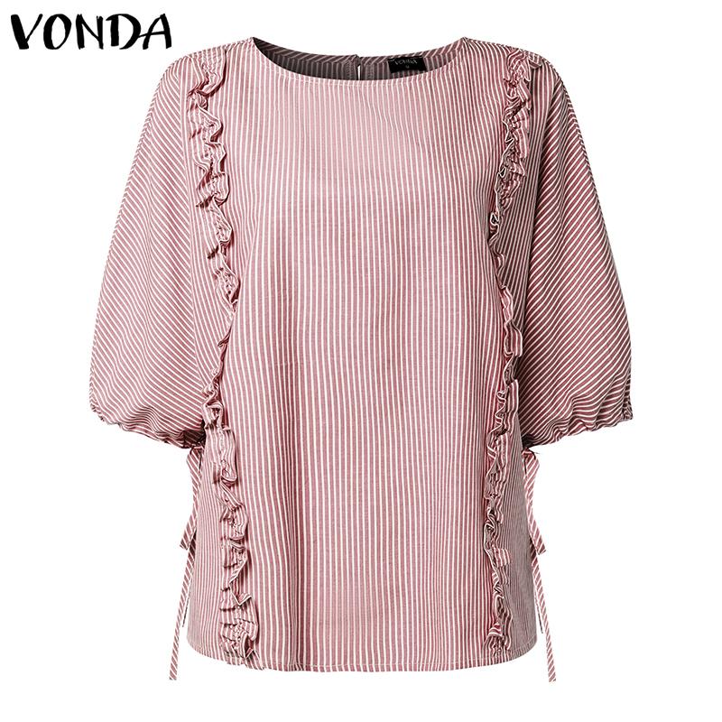 

VONDA Women Turn Down Collar 3/4 Sleeve Striped Ruffled Casual Loose Blouse 5XL красный