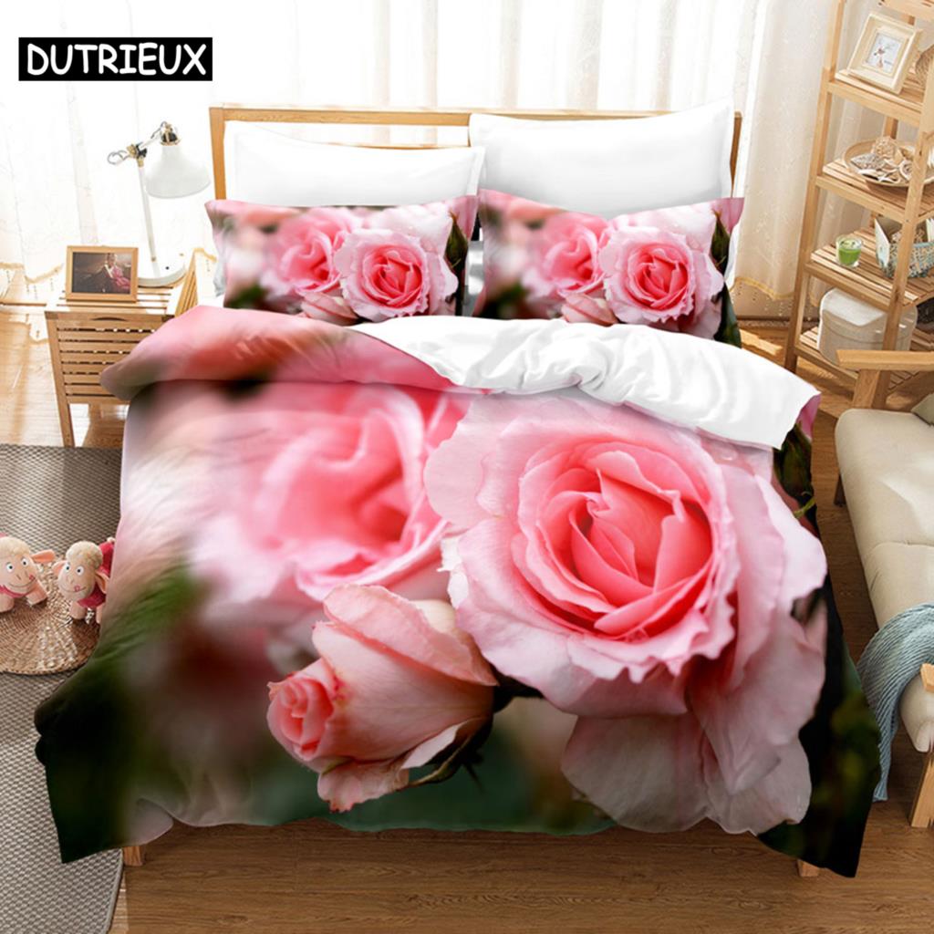 Pink Flower Duvet Cover and Pillowcases Set King Size 220x240 Double Bed Single 3D Queen Bedding Sets Pink Full Twin Quilt Linen