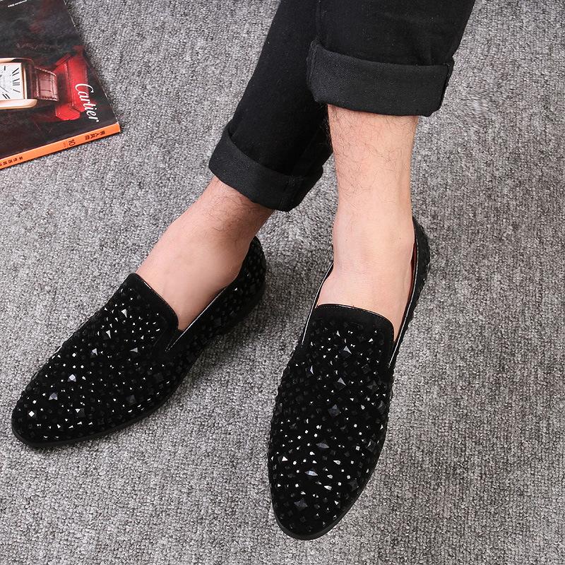 Black Luxury Men Dress Shoes Designer Spikes Loafers Shoes Denim Metal Sequins Footwear High Quality Casual Men Leather Shoes