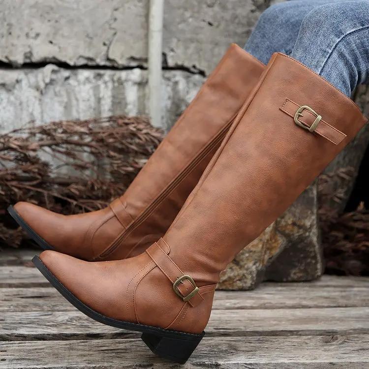 Woman Thick Heeled Long Boots Autumn Winter Pu Leather Mid Calf Boots Woman 2025 Buckle Strap Side Zipper Motorcycle Boots