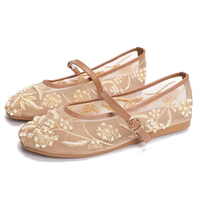 Fashion White Pearl Mesh Embroidery Ballet Flats Women Elegant String Bead Flat Sandals Light Summer Mary Jane Shoes Zapatos De Mujer