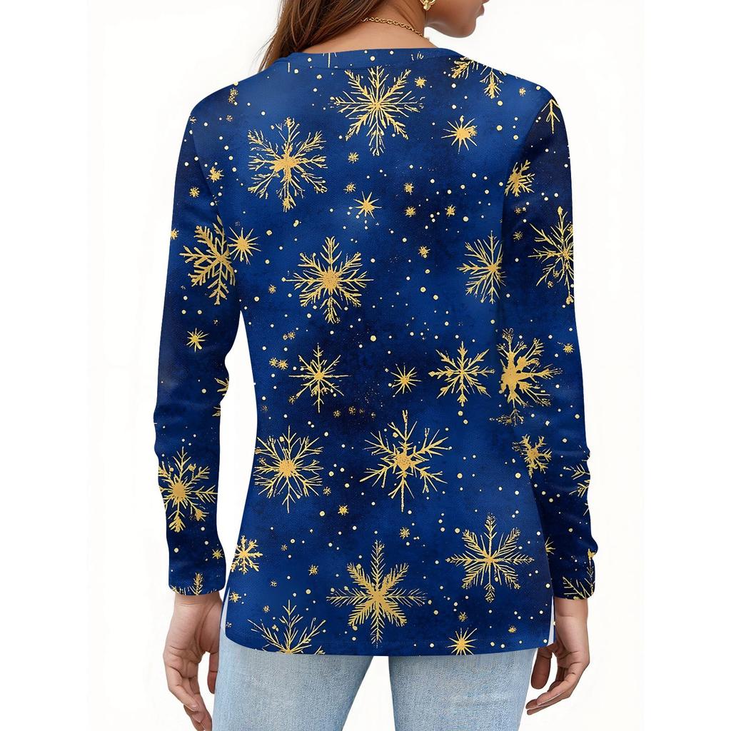 Women's Fashion Casual Slit Hem Round Neck Long Sleeve Loose Christmas Printed T-Shirt Ladies Top